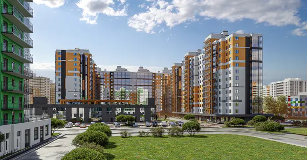 Корпуса квартала и благоустроенная зелёная территория